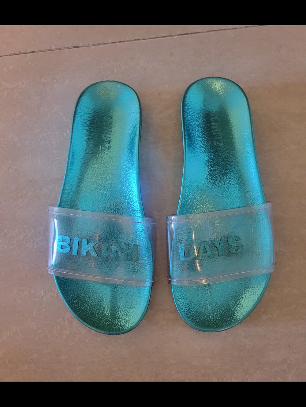 SCHUTZ Teal Iridescent METALLIC Slide Sandals with Clear Strap
